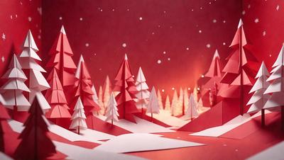 The primary subject of the image is a paper cutout of a forest with trees and snow. The setting is a red background, which adds a vibrant and festive touch to the scene. The visual style is a combination of digital art and illustration, creating a unique and creative representation of the forest. The colors and mood of the image are predominantly red and white, giving it a warm and cozy atmosphere.